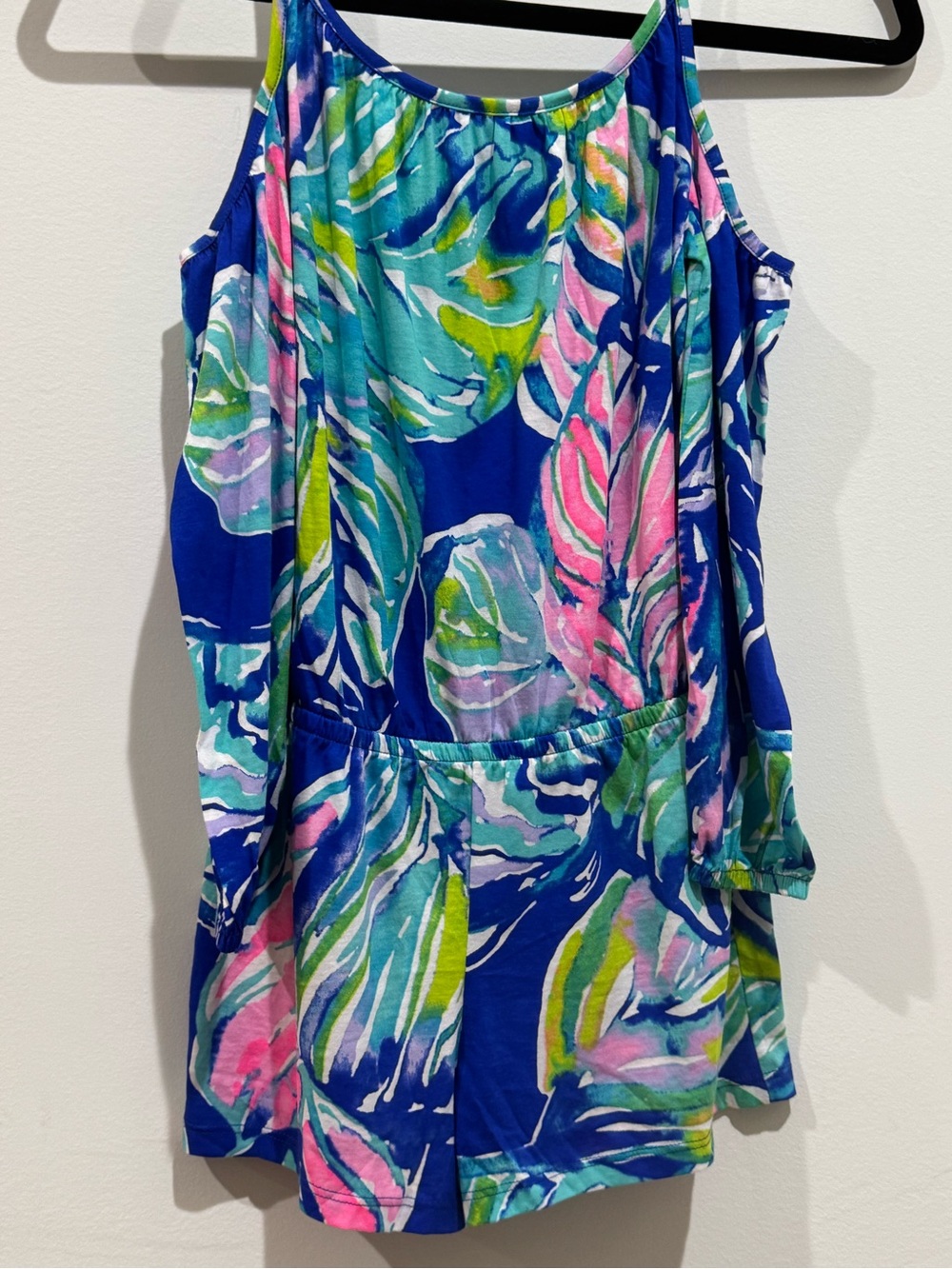 Lilly Pulitzer Blue Tropical floral Leaf cold shoulder Girls Romper L(8-10) NEW